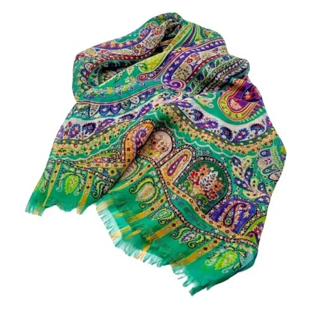 Etro Sheer 100% Silk Chiffon Fringed Oblong Scarf Wrap